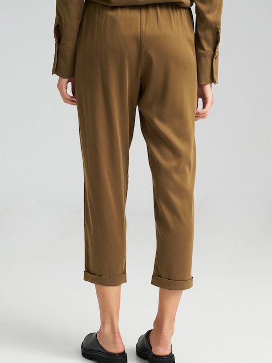 Zoya Γυναικείο Ψηλόμεσο Λινό Παντελόνι Relaxed Fit Olive