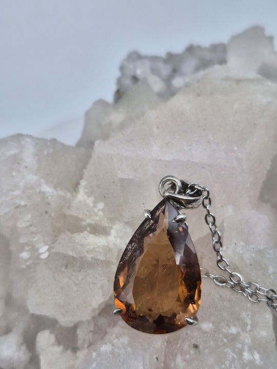 Silver Necklace Orange Tourmaline 20.75 Ct & Steel Chain – Handmade Statement Jewelry