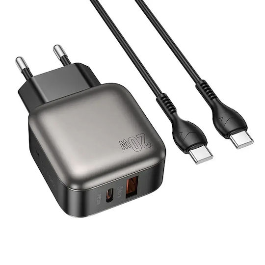 Lamtech Φορτιστής με Θύρα USB-A και Θύρα USB-C και Καλώδιο USB-C - USB-C 60W Power Delivery / Quick Charge 3.0 Γκρι (LAM980725)