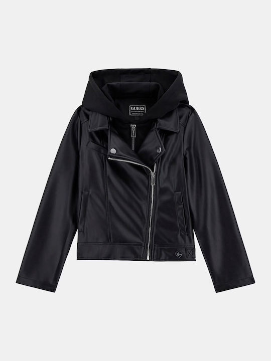 Kinder Lederjacke mit Kapuze Schwarz