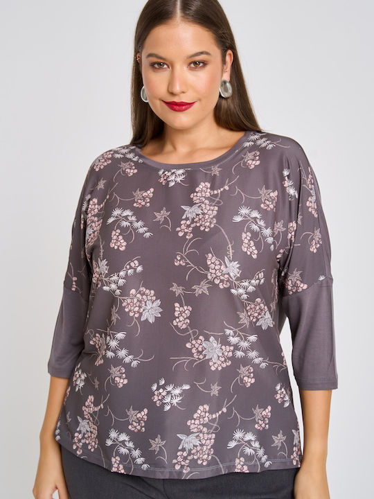 Damen Bluse Satin mit 3/4 Ärmel Blumen Gray