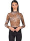 Women's Blouse Long Sleeve Turtleneck Animal Print Brown