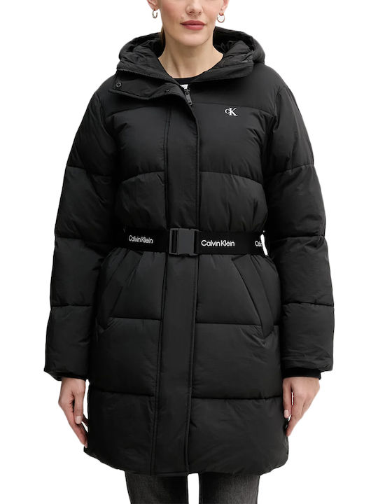 Women's Long Puffer Jacket Waterproof and Windproof for Winter with Hood Black