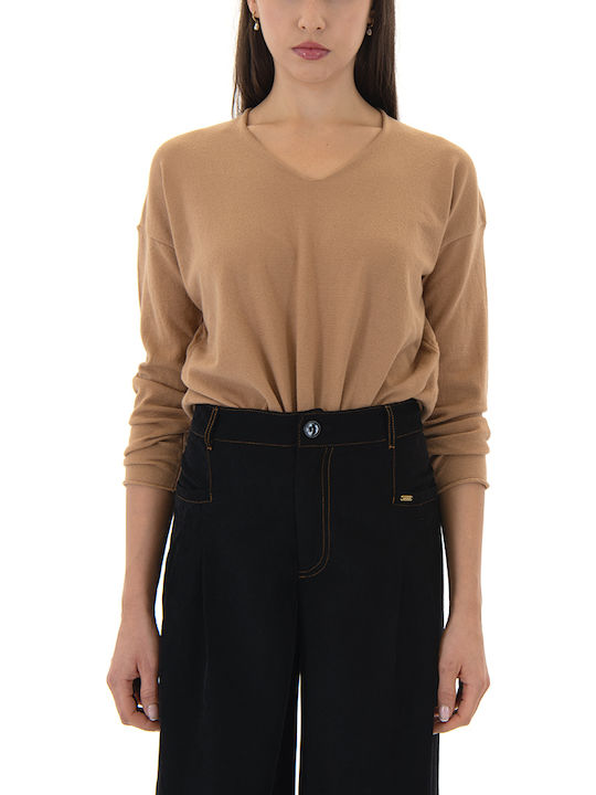 Damen Langarm Pullover mit V-Ausschnitt Black, Camel