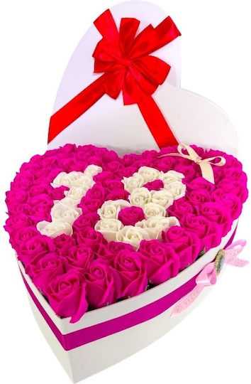 Aranjament Floral Personalizat Numărul 18 În Cutie În Formă De Inimă 115 Trandafiri Săpun Roz-Alb