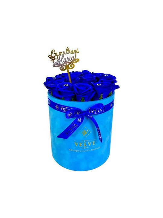 Aranjament Floral Crystal Beauty 15 Trandafiri Săpun Handmade Cristale În Cutie Catifea Albastră Topper Albastru „La Mulți Ani Maria!”