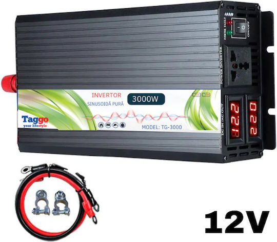 Taggo Inverter Αυτοκινήτου Καθαρού Ημιτόνου 3000W για Μετατροπή 12V DC σε 220V AC