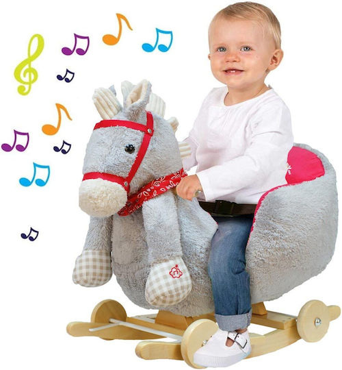 Bakaji Wooden Rocking Toy Horse for 10+ months with Sounds, Music & Wheels with Max Load Capacity 30kg Gray