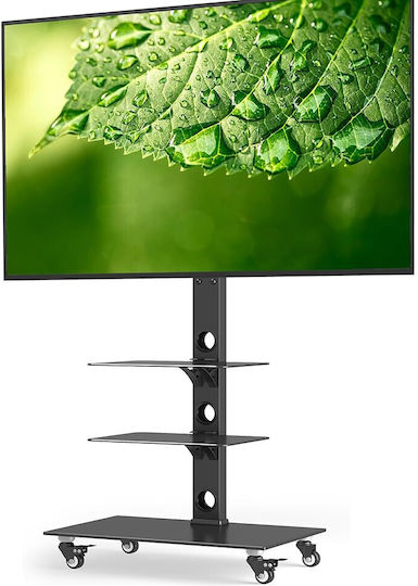 Bontec Suport TV cu Rotile 30-70 Inch pentru Ecrane Plasma LCD LED până la 40 kg 6 Ajustări de Înălțime Rafturi din Sticlă Temperată pe 3 Niveluri Max VESA 600 x 400 mm