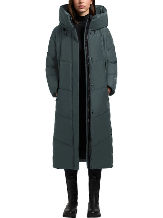 Women's Long Puffer Jacket for Winter Green