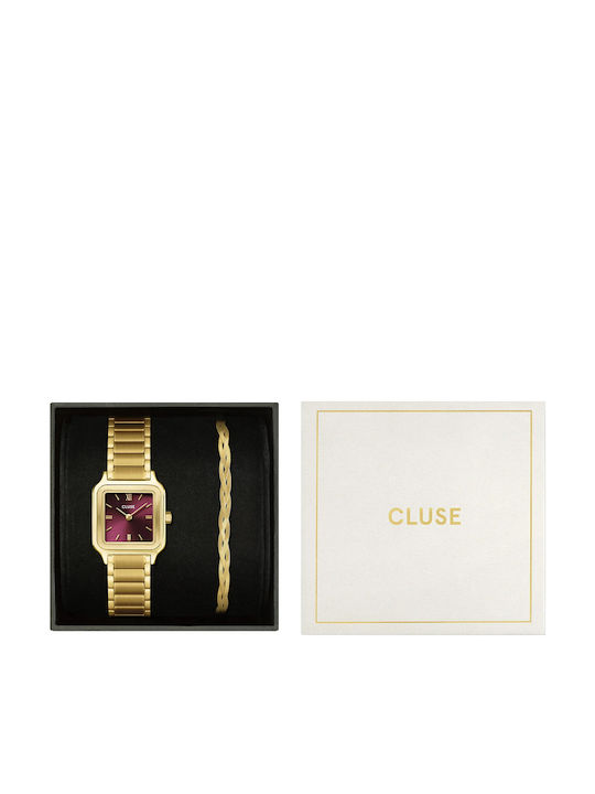 Cluse Gift Box Gracieuse Petite Womens Watch Steel Dark Cherry + Braided Snake Bracelet Gold Colour