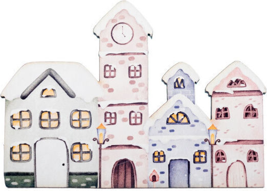 Wooden Printed Decoration "Snowy Houses" 8x6cm 3pcs
