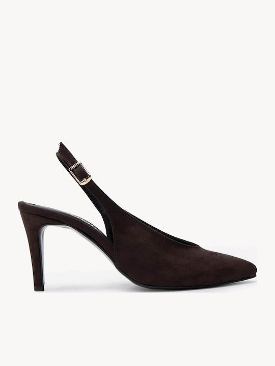 Brown Suede Heels Slingback Adjustable Strap