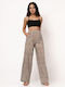 Women's High-waisted Fabric Trousers with Elastic Brown