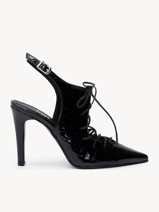 Schwarze Pumps Krokoleder Mit Riemen Am Knöchel