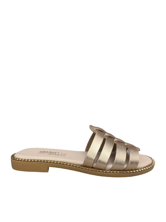 Leather Women's Flat Sandals in Gold Color