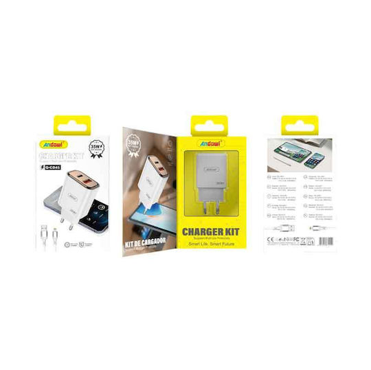 Andowl Charger with USB-A Port and USB-C Port and Cable Lightning 35W Whites (Q-CD45)
