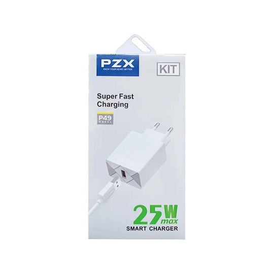PZX Φορτιστής με Θύρα USB-A και Καλώδιο Lightning 25W Λευκός (P49)