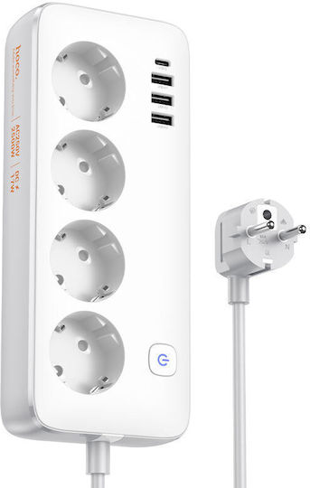 Hoco Πολύπριζο 4 Θέσεων με 3 USB-A, USB-C και Διακόπτη