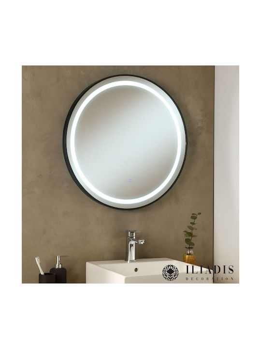 Iliadis Oglindă de Perete cu Negru Ramă din Metalic & Iluminare LED Diametru 70cm 1buc