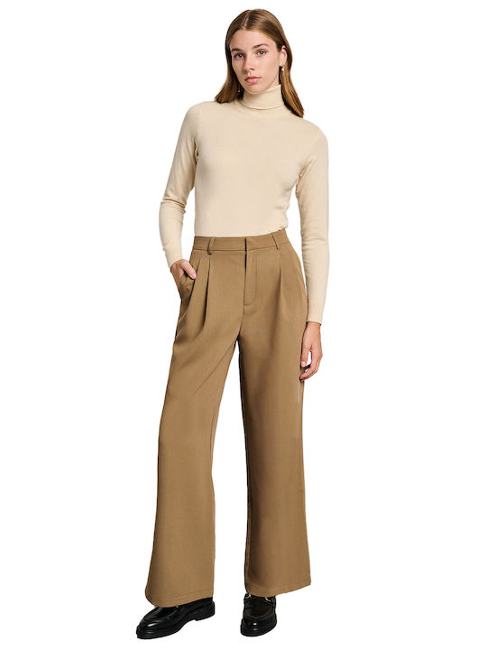 Women's High-waisted Fabric Trousers Loose Fit Cappuccino