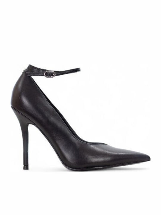 Leather Black High Heels with Strap