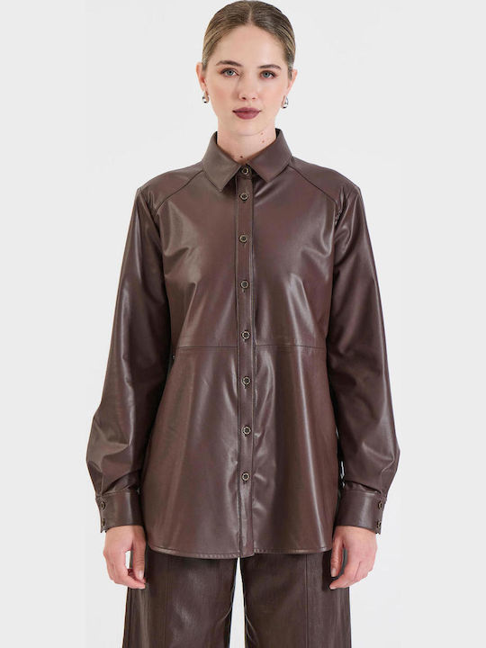 Women's Leather Long Sleeve Shirt Brown
