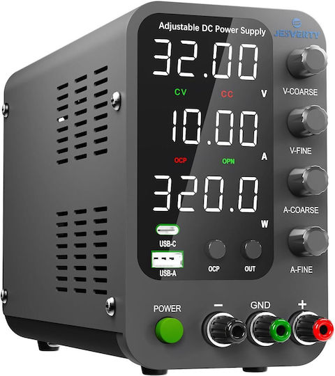 Sursă de Alimentare de Laborator 32 V 10 A DC Reglaj Fin Grosier prin Encoder Usb-c Usb-a 20 W Protecție la Supracurent OCP Ventilator de Răcire Intrare AC115V/230V Jesverty