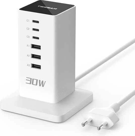 Tessan Smart Πολύπριζο 6 Θέσεων με 3 USB-A, 3 USB-C και Καλώδιο 2m