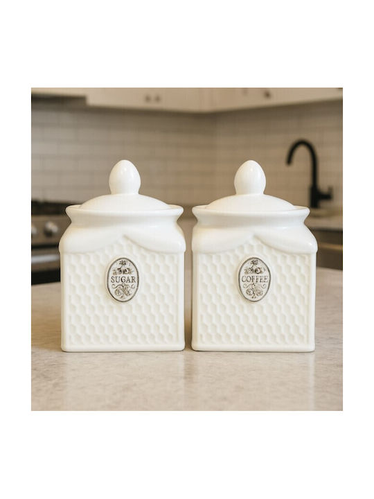 Galifas Set of 2 Ceramic White Jars for Sugar Coffee with Lid 2 Pieces