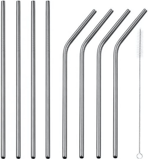 8 Paie de Băut Metalice 21.5cm Argintii 1 Periuță de Curățare