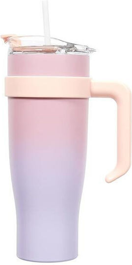 Stainless Steel Thermos Bottle 1.2L Pink with Mouthpiece and Straw