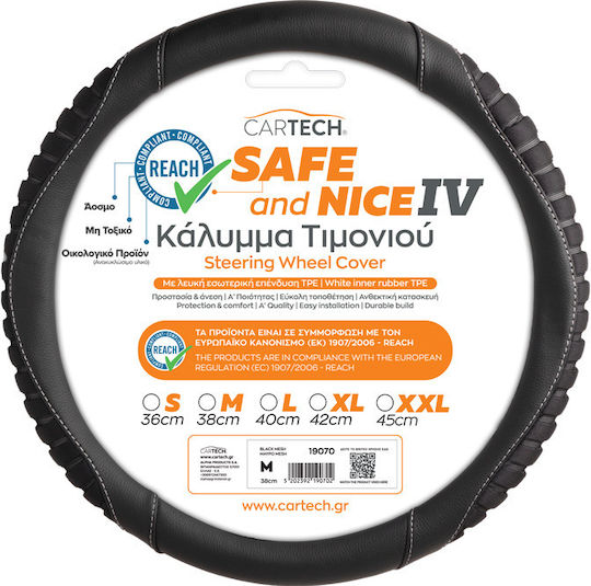 Cartech Car Steering Wheel Cover with Diameter 38cm Leather Black with Black Stitching