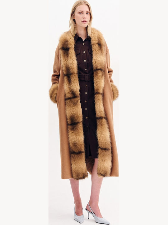 Damen Camel Mantel mit Fellbesatz