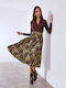 Celestino Women's Pleated Floral Skirt Belt Loose Fit Khaki