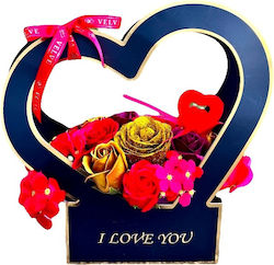 Valentine Floral Arrangement Made Soap Roses Hydrangeas Velvet Decoration In A Box Handle Heart Layout Red-gold-burgundy