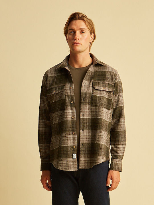 Long Sleeve Flannel Overshirt in Regular Fit Checked Olive Green
