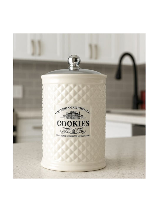 Ceramic White Cookie Jar 23cm Silver Kitchen Galifas 9914063 Galifas