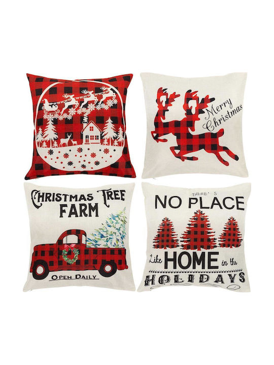 Set 4 Fețe De Pernă Decorative 40x40 Cm Motive De Crăciun Albe Roșii