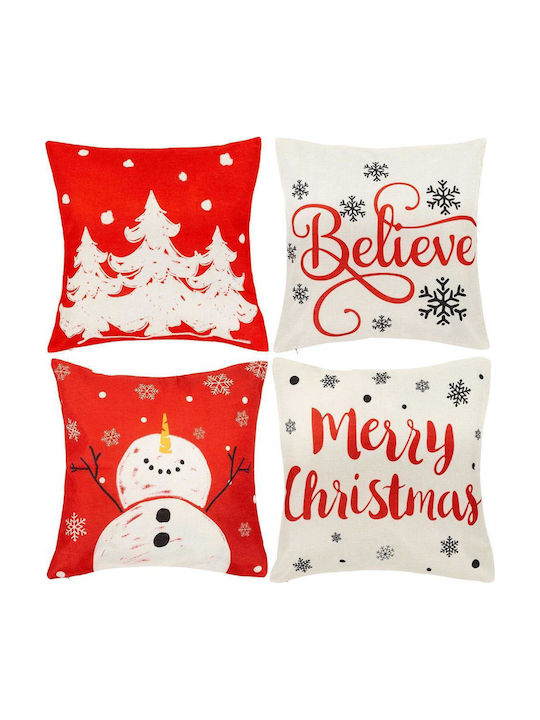Set 4 Huse Decorative Pentru Perne 40x40 Cm Motive De Crăciun Roșii Albe