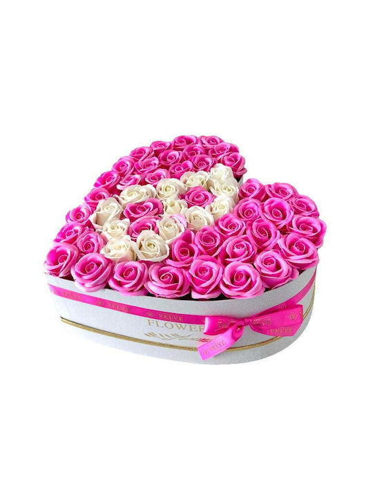 Aranjament Floral Personalizat Litera Cutie Inima Alb 55 Trandafiri Săpun Roz-alb