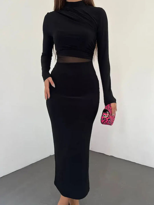 Midi Abendkleid mit Tüll und Transparenz Schwarz