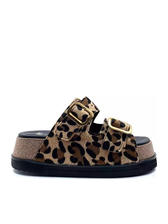 Δερμάτινα Γυναικεία Σανδάλια Flatforms Λεοπάρ