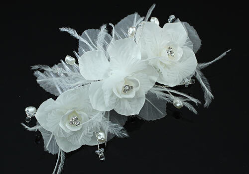 Beautiful Handmade Bridal Organza Flower Comb Crystals Faux Pearls Gilly