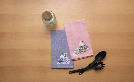 Viopros Tea Towel Made of 100% Cotton in Pink Colour 45x65cm 2 Pieces
