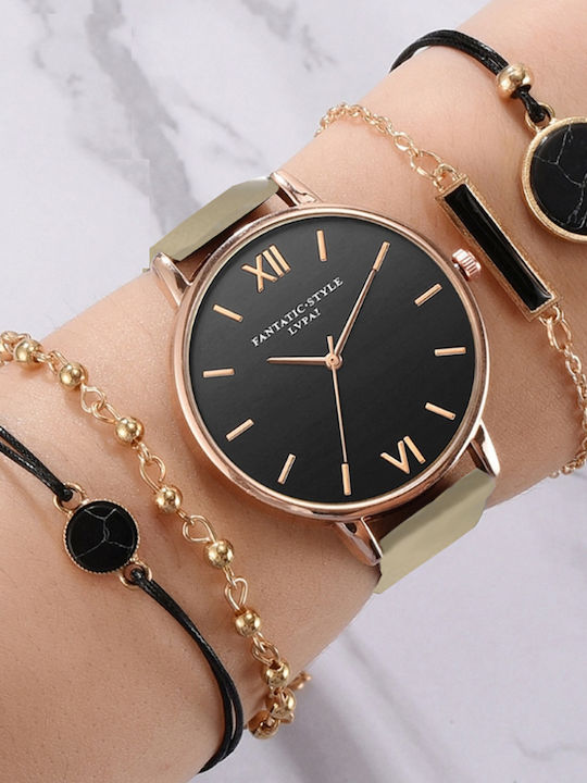 Set Womens Battery Watch With Black Leather Strap