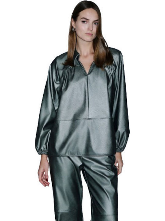 Women's Blouse Leather with V Neckline Gray