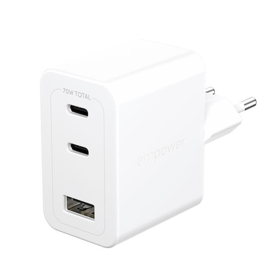 Empower by PanzerGlass Charger Without Cable with USB-A Port and 2 USB-C Ports 70W Power Delivery Whites (Empower)