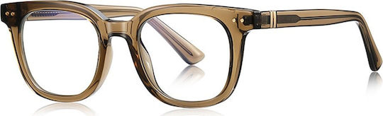 Techsuit Anti-Blue Light Glasses Reflex PC 2229 Men Round TR90 & Metal Frame AC Lens Transparent Brown