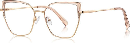 Techsuit Anti-Blue Light Glasses Reflex PC 3156 Women Cat Eye Metal Frame AC Lens Gold Pink